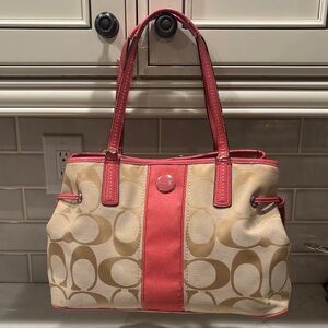 Coach Signature Beige and Coral Tote